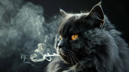Majestic grey cat with smoke exhaling from its mouth, dark background.