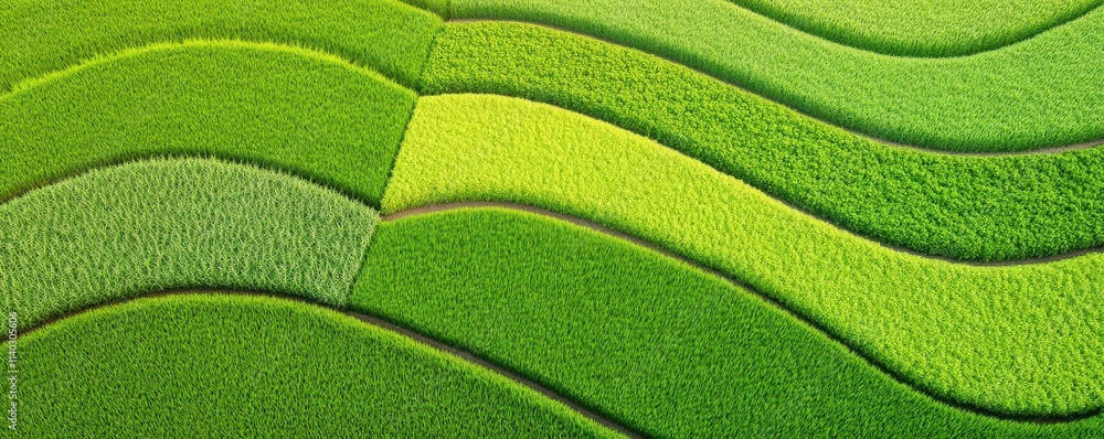 Poster a vibrant landscape featuring wavy patterns of varying shades of green, resembling lush fields or gr