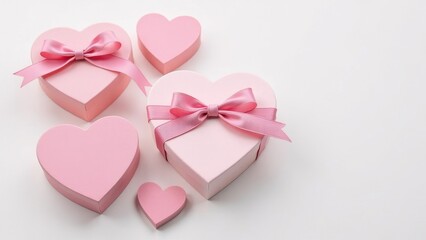 Gift pink boxes in the shape of a heart on a pale pink background, top view, space for text. Concept for valentine's day, mother's day, wedding