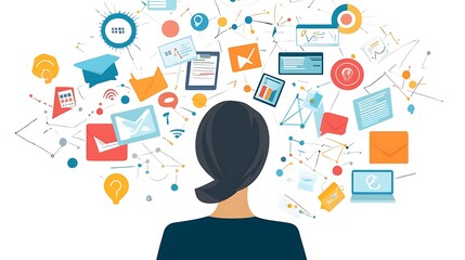 Businesswoman brainstorming with digital screen showing marketing icons 