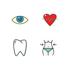 Medical icon design vector symbol set, eye, heartbeat, dentist, diet