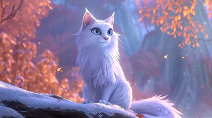 Majestic white cat sitting in snowy autumn forest.