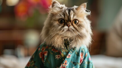 Persian cat wearing a floral kimono.
