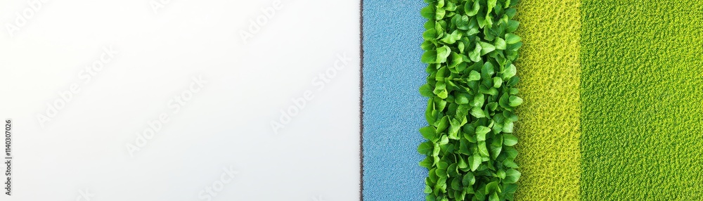Poster a vibrant image showcasing a textured gradient of green grass and blue elements, creating a serene a