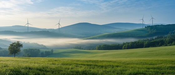 AI generator images of ancient windmills, Holland style windmills Located on the top of a high mountain, covered with mist and clouds, there is a waterfall nearby.It is a beautiful view of the scenery