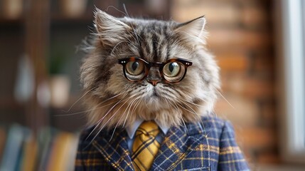 Persian cat wearing suit and glasses.