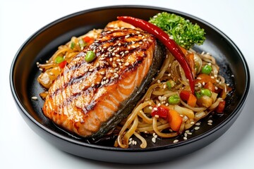 Grilled salmon with veggies and noodles in sauce topped with red pepper and sesame seeds served on a black plate against a white background side view