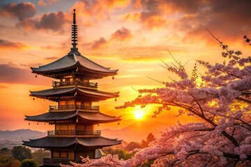 Fototapeta premium Silhouette of traditional Japanese pagoda with cherry blossoms against a sunset sky