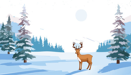 Winter landscape with a deer in the forest. Vector illustration for your design
