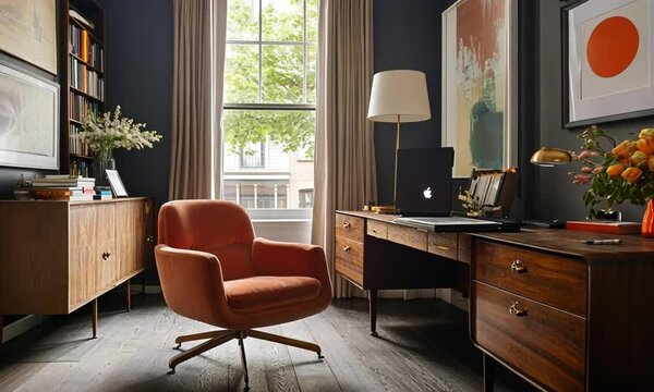 Mid-Century Modern Home Office with Orange Accent Chair and Dark Wood Desk