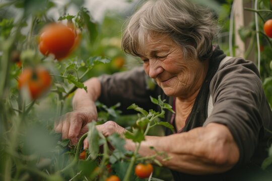 Senior woman harvesting ripe tomatoes in a lush green garden, enjoying her gardening hobby