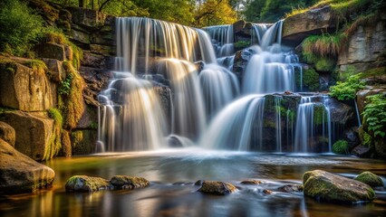 Obraz premium Silhouette of water flowing over rocks in a small river waterfall with a silk effect due to long exposure