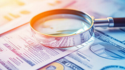 Close-up of magnifying glass examining stack of financial documents, symbolizing bank supervision and regulatory oversight, professional financial audit concept.