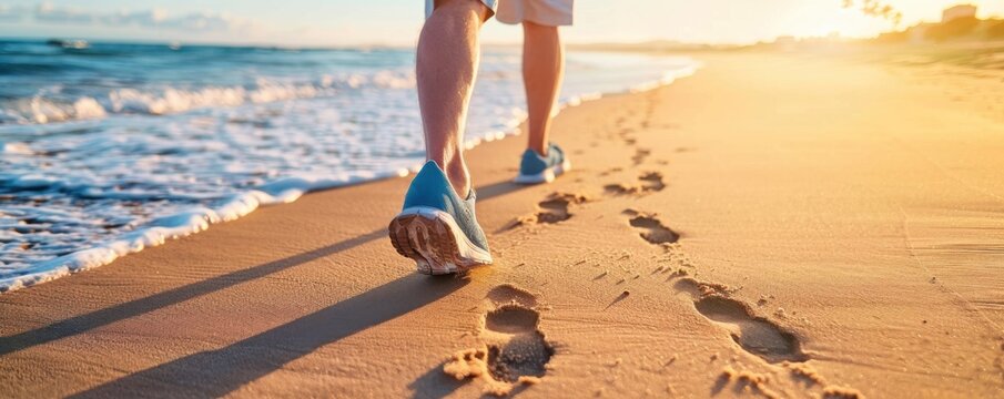 man jogs on a sunny beach, leaving footprints in the wet sand near the ocean waves - Powered by Adobe