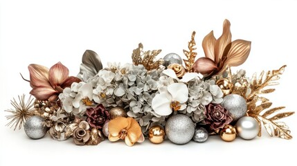 Obraz premium A chic arrangement of hydrangeas and orchids with gold and silver embellishments, perfect for New Year celebrations, isolated on white