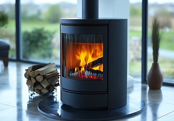 Modern Fireplace with Burning Logs in a Room
