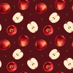 Red apples on a burgundy background, seamless pattern 