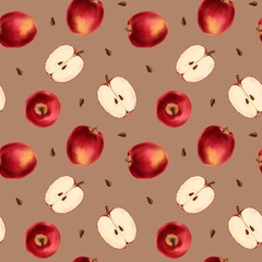 Red apples on a brown background, seamless pattern 