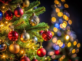 Obraz premium Christmas Tree Black Background, High Depth of Field, Festive Holiday Image, Winter Season, Xmas Tree, Dark Background, Elegant Christmas Decor