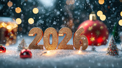Golden numbers 2026 in snowy scene with Christmas ornaments and lights. Perfect for New Year ads, festive campaigns, and holiday greetings.