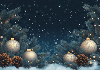 A dark blue background with pine branches, snowflakes, and Christmas ornaments, vector illustration, Christmas atmosphere, festive decorations, glowing lights, night sky