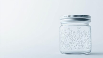 A clear glass jar with floral engravings, ideal for storage or decoration.