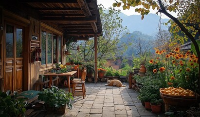 Fototapeta premium AI generator image of Balcony landscape art, luminosity, relaxation, inviting, use flowing and ethereal plants, deck wooden flooring, siting spot for people, privacy surounding areas handicraft