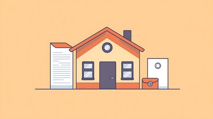 Flat illustration of a house with financial documents beside it, home loan concept 