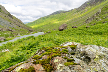 Close up of rock covered with moss along road B5289 descend with steep grade from Honister Pass in the Lake District, Cumbria, UK surrounded by green mountains with pasture