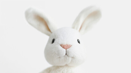 Bunny Plush Close-Up: A minimalistic composition featuring the top half of a simple, white plush bunny’s face, with its soft, round ears centered against a clean, white background