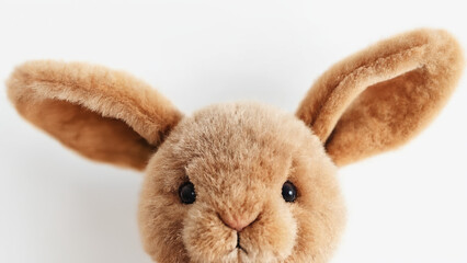 Obraz premium Bunny Plush Close-Up: A minimalistic composition featuring the top half of a simple, white plush bunny’s face, with its soft, round ears centered against a clean, white background