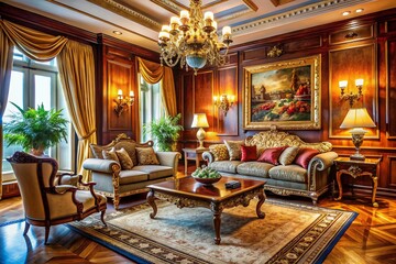 Fototapeta premium Classic Elegant Living Room Interior Design, Timeless Home Decor, Sophisticated Space, Luxury Furniture