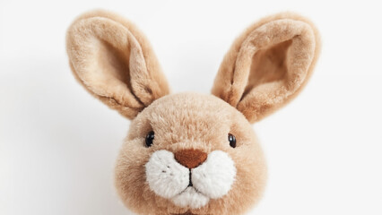 Obraz premium Bunny Plush Close-Up: A minimalistic composition featuring the top half of a simple, white plush bunny’s face, with its soft, round ears centered against a clean, white background