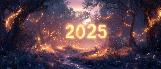 Enchanted New Year 2025 Forest Scene with Magical Lights and Radiant Text Celebrating the Arrival of a Bright and Hopeful Year Ahead