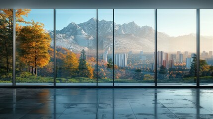 A spacious interior with large windows showcasing a mountain landscape and autumn foliage.