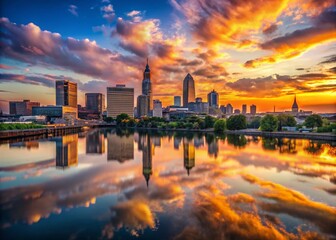 Fototapeta premium Cleveland Skyline Silhouette Aerial View, Cityscape Reflection, Ohio River, Dusk, Night Photography