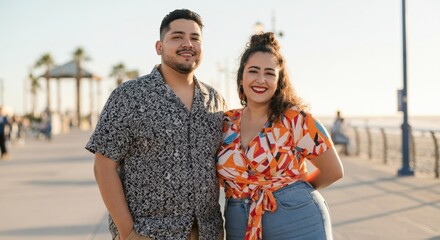 Smiling hispanic couple enjoying a sunny day on the beachfront boardwalk