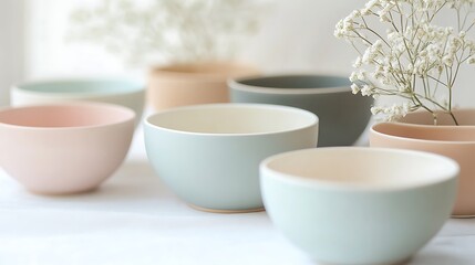 Pastel-colored ceramic bowls arranged on a white surface with small white flowers.
