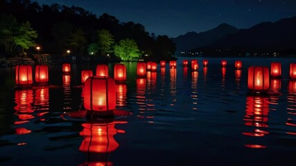 A silent lake at night, glowing red lanterns floating glassy surface, ripples that mesmerizing patterns, 4k High-Quality Wallpaper Background Animation Video