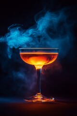 A beautifully crafted cocktail stands out with its bright hues and swirling mist, illuminated against a dark backdrop, evoking a sense of mystery and allure