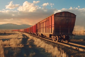 Obraz premium Captivating View of a Long Freight Train Traveling Through a Scenic Landscape Under a Vibrant Sky at Dusk, Highlighting Nature and Industry in Harmony