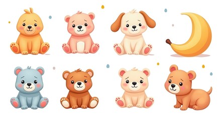 Obraz premium Cute Baby Animals and Banana Illustration Set - Adorable Cartoon Bear and Dog Characters with Fun Expressions