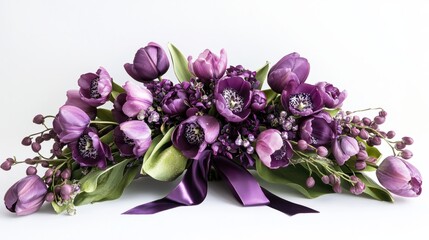 A luxurious arrangement of purple tulips and orchids with sparkling embellishments, tied with a satin ribbon, ideal for New Year decor, on white