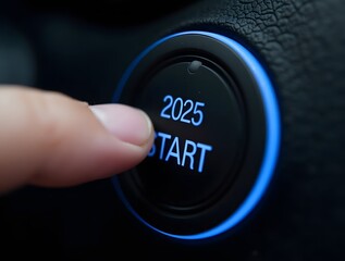 Finger pressing car start button for year 2025, Symbolizing a new beginning, future goals, and the anticipation of what's to come.