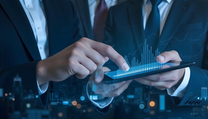 Fototapeta premium Business professionals analyzing data on tablet, showcasing complex analytics and graphs in modern city setting. scene conveys sense of collaboration and innovation