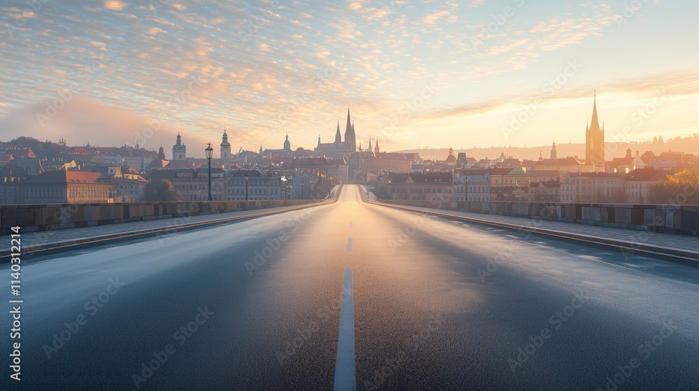 Poster expansive view of an empty paved highway leading toward a majestic cityscape at sunrise with beautif