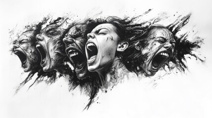 Four Faces of Agony - A Pen and Ink Masterpiece