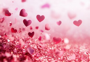 Pink glitter background with pink and red hearts falling through the air, soft lighting, blurred background, Valentine's Day theme.