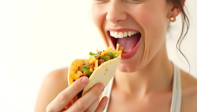 Delicious taco being enjoyed by woman, showcasing vibrant ingredients and joyful expression. Perfect for food lovers and culinary enthusiasts