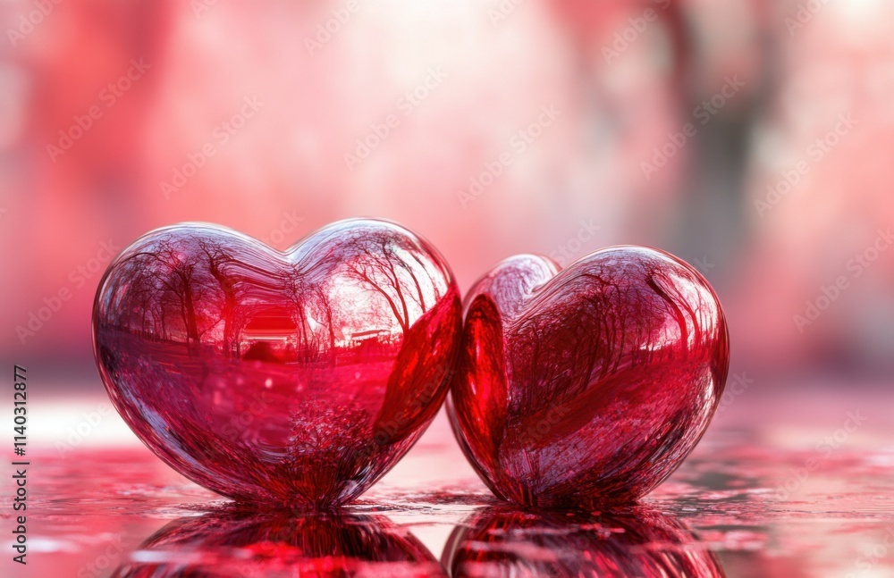 Poster two red glass hearts intertwined on a glossy surface with reflections, against a blurred background 